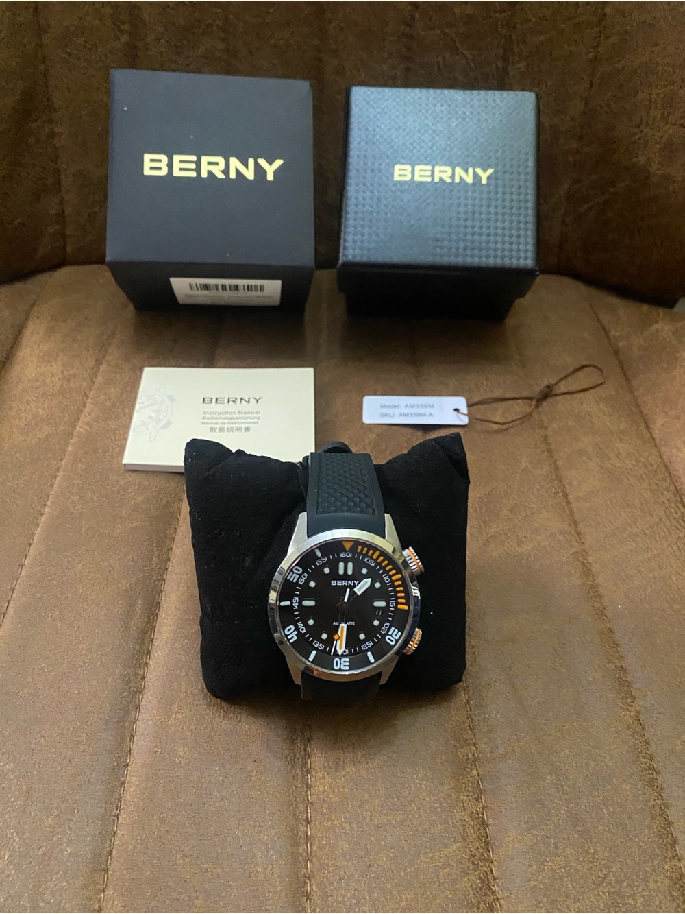 Men's Black Sport Dive Watch with Orange Accents
